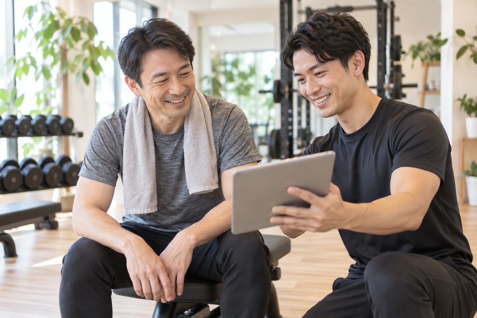 碧南のジムPisteで4か月後の測定結果をトレーナーと確認して笑顔になる40代男性
