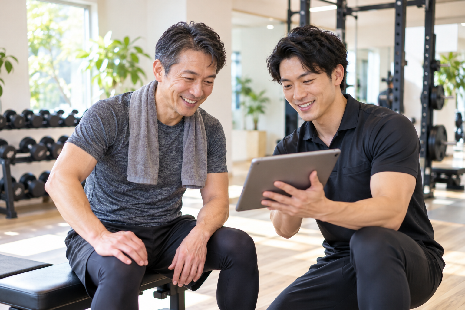 碧南のパーソナルトレーニングPisteで5か月後の測定結果をトレーナーと確認して笑顔になる50代男性