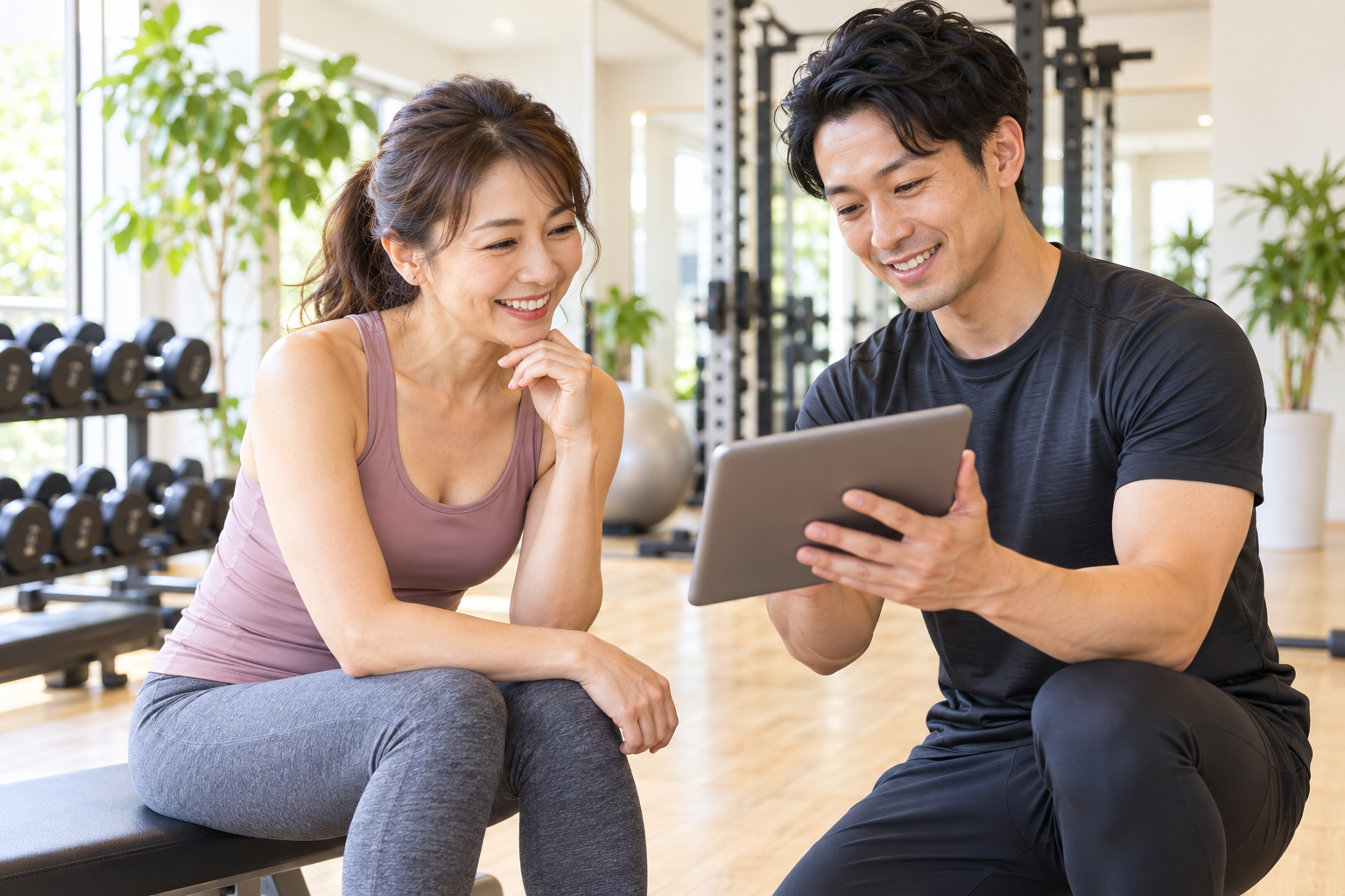 碧南のパーソナルジムPisteで4か月後の測定結果をトレーナーと確認して笑顔になる40代女性