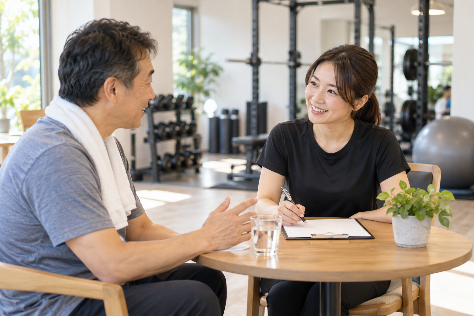碧南のジムPisteで初回カウンセリング中にトレーナーが健康診断の結果を確認しながら話を聞く様子